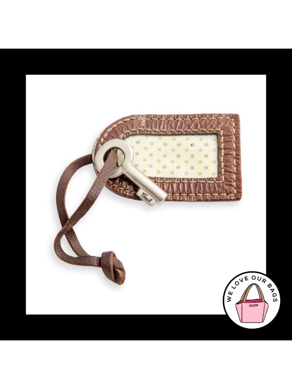 FOSSIL LUGGAGE ID Key Silver Brown Leather Strap Bag Charm Hang Tag Keychain Fob